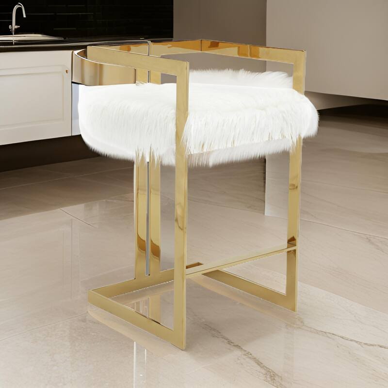 Suki 30 Inch Barstool Chair, White Faux Fur Seat, Stainless Steel, Gold