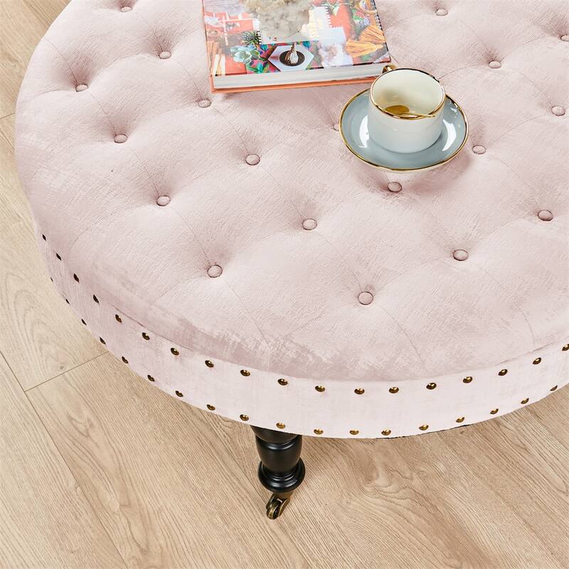 Round Velvet Tufted Coffee Table Ottoman, 34" x 34" x 17" H
