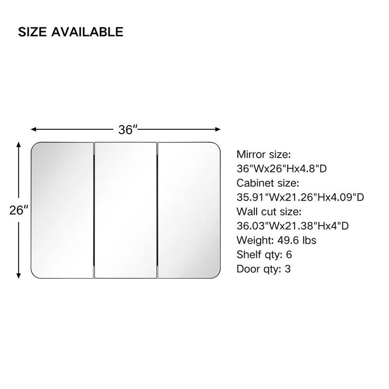 TEHOME Triple Door Recessed & Surface Mount Rectangle Bathroom Medicine Cabinet with Mirror - 26"X36"