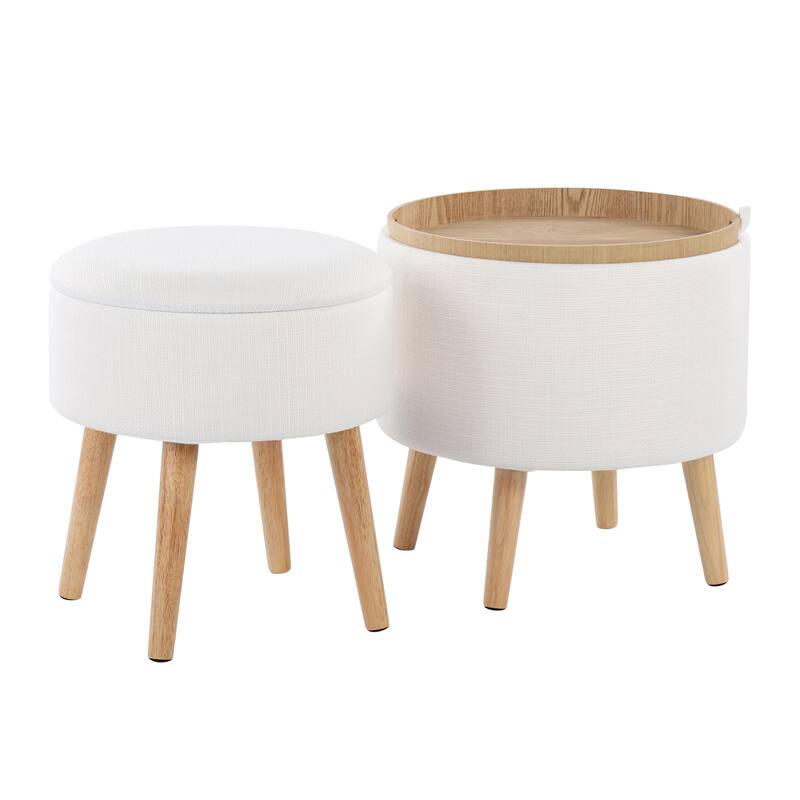 Tray Contemporary Storage Ottoman with Matching Stool in Fabric and Wood Legs by LumiSource - Cream
