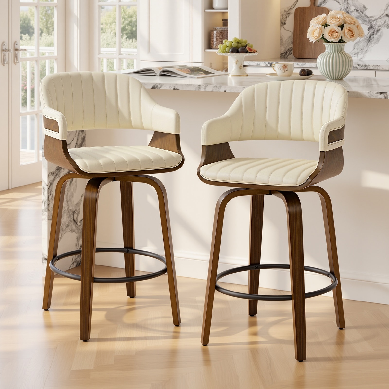 26" Mid-Century Modern Swivel Upholstered Counter Height Bar Stool with Curved Open Back & Bentwood Legs