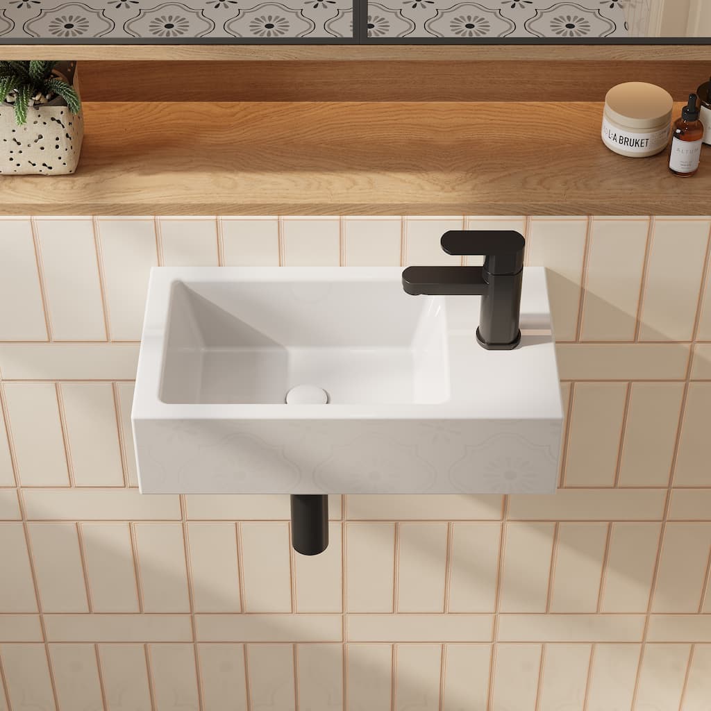 HOROW Right Hand White Ceramic Wall-Mounted Rectangle Vessel Sink Porcelain - N/A