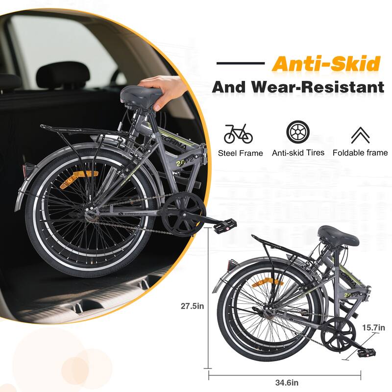 24 Inch Folding Bike with Fenders, Single Speed City Commuter Bicycle with Dual V-Brake, Steel Frame Portable Compact Bicycle