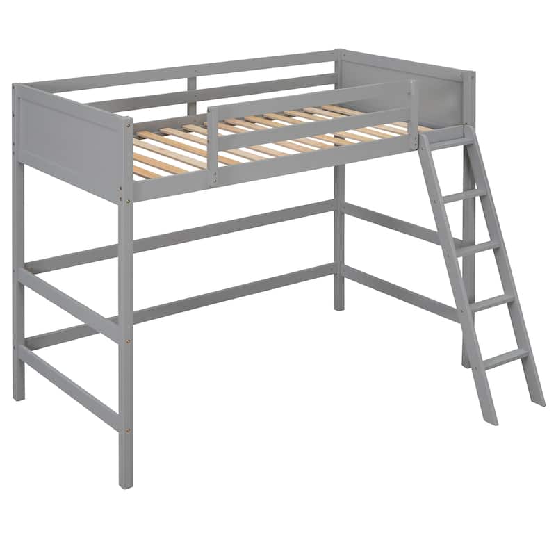 Minimalist Twin Size Loft Bed with Ladder and Guardrails