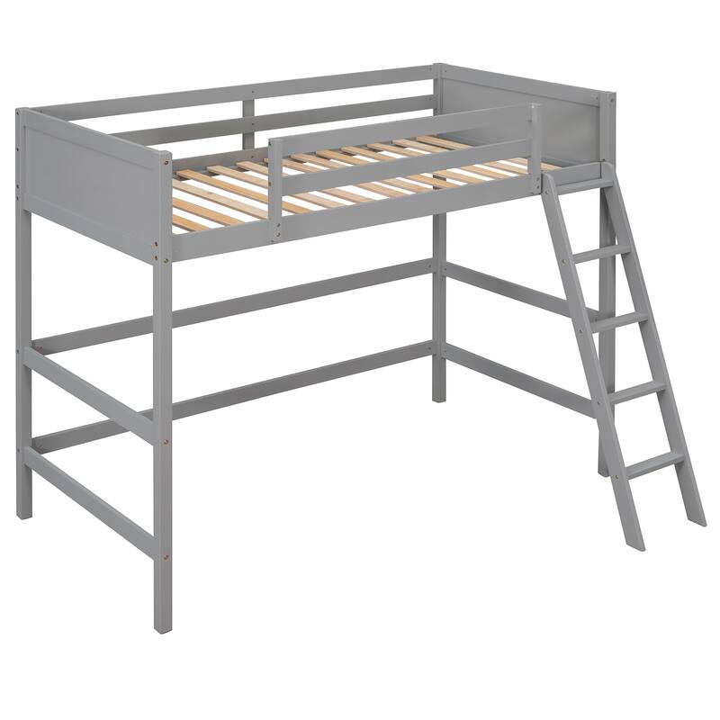 Twin Size Solid Wood Loft Bed with Ladder, 14 Slats, No Box Spring Needed