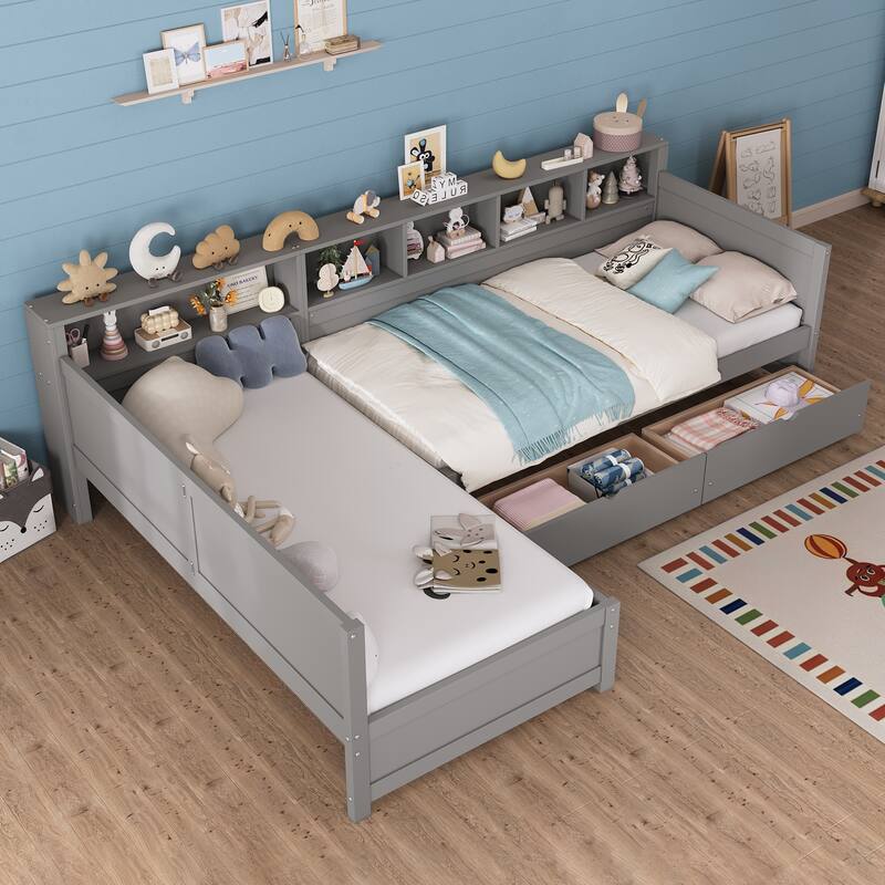 Twin Size L-Shape Daybed with 3 Pull-out Drawers, Wooden Corner Bed Frame with Storage Bookshelf