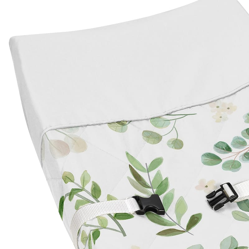 Floral Leaf Collection Girl Changing Pad Cover - Green and White Boho Watercolor Botanical Woodland Tropical Garden