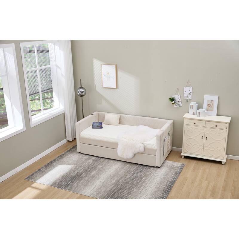 Twin Size Upholstered Daybed with Trundle, Velvet Sofa Bed with USB Port & Side Pockets, Modern V-Grained Backrest Guest Bed