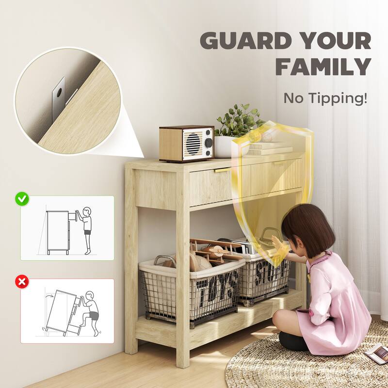 HOMCOM 35" Modern Console Table with Storage, Narrow Entryway Table with Fluted Panel Drawers and Shelf for Hallway,Natural Wood