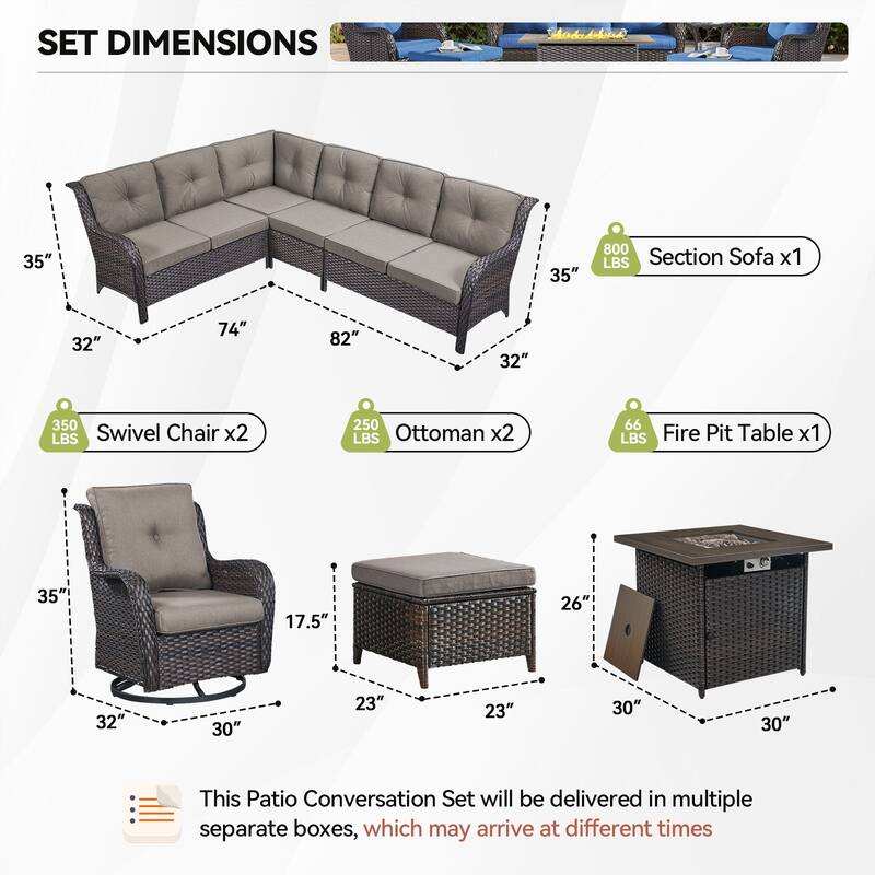 Outdoor 2 Sectional Sofa with Fire Pit Table Set