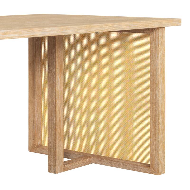 7-Piece Farmhouse Dining Table Set with Distressed Oak Veneer and Upholstered Rattan Chairs for Gatherings