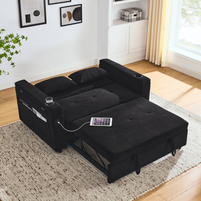 54" Pull-Out Sleeper Sofa Bed Double Seat Recliner Sofa Bed with Armrests with Storage and Side Pockets,with USB Power Outlet