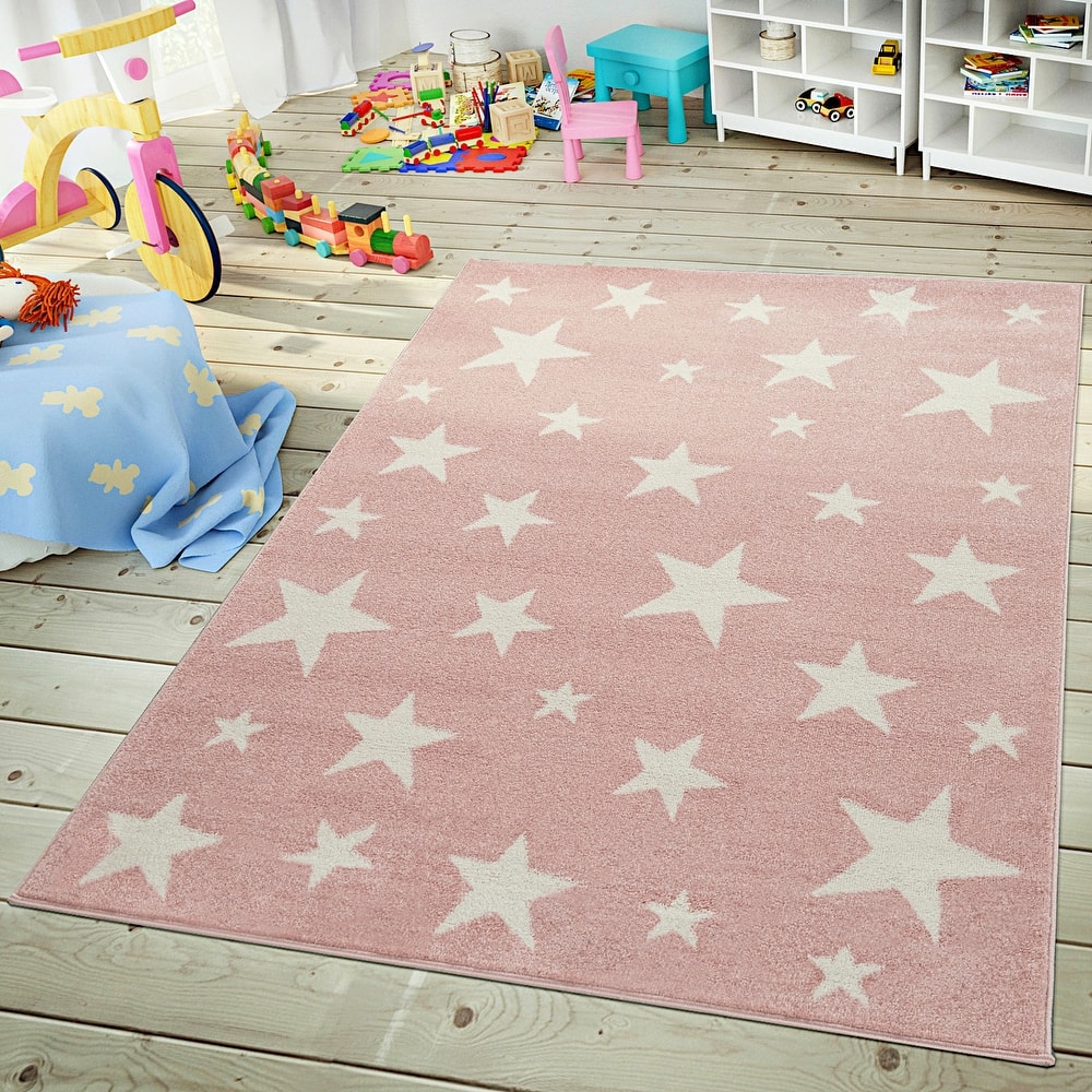Kids Rug with Stars for Nursery Starry Sky in grey, pink and green