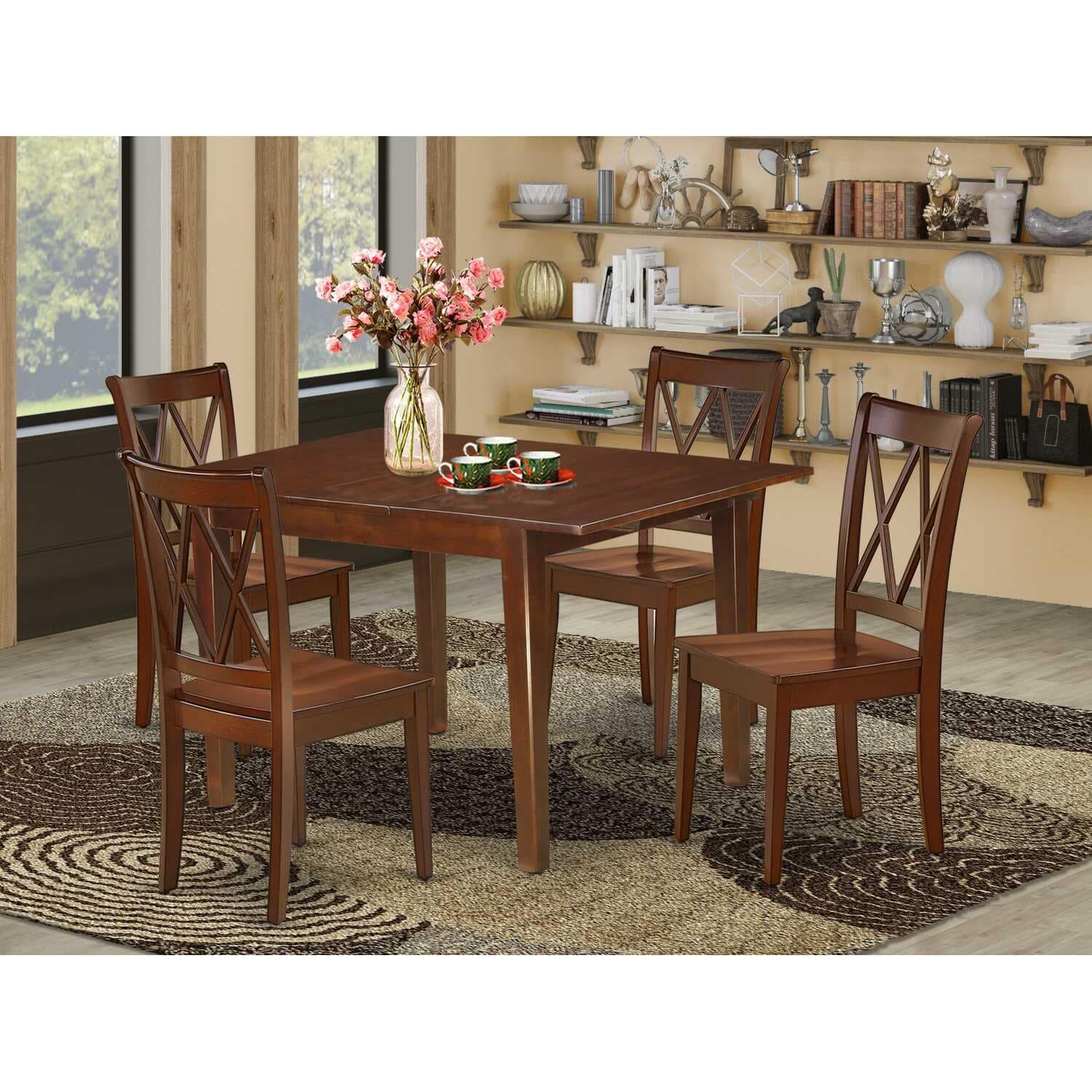 HomeStock 5-Piece Rectangle Mahogany Finish Solid Wood Top Dining Table with 4 Chairs with Cross Back