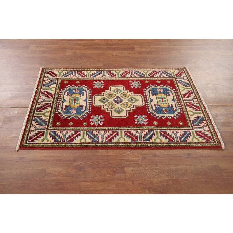 Geometric Red Kazak Foyer Rug Hand-Knotted Wool Carpet - 2'8" x 4'1"