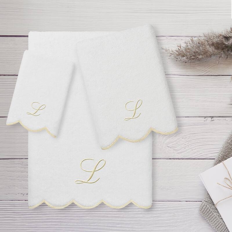Authentic Hotel and Spa 100% Turkish Cotton Beige ADORNIA Scallop Personalized 3 Piece Towel Set - 3 Piece Set
