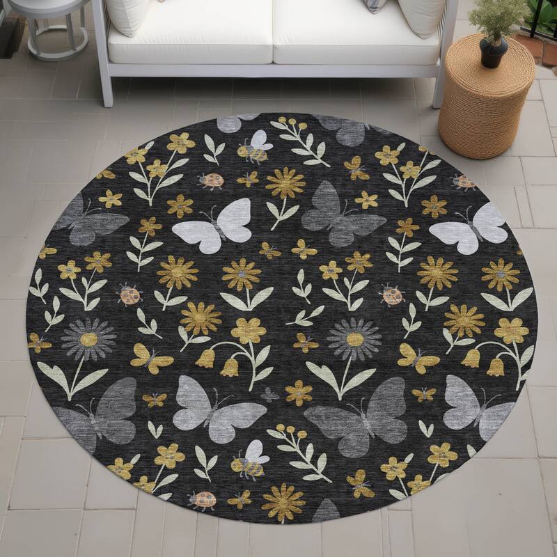 Machine Washable Indoor/ Outdoor Whimsy Butterfly Chantille Rug - Black - 8' x 8'