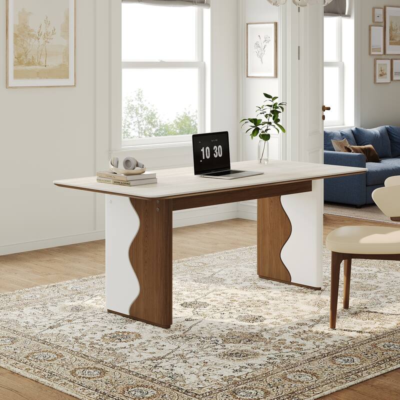 63" Modern Rectangular Writing Desk, Beige Sintered Stone Top, Meeting Desk With Solid Wood Legs