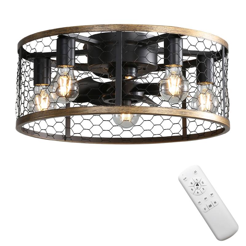 20 Inch Farmhouse Ceiling Fan Light Flush Mount Caged Lights Kit With Remote Control