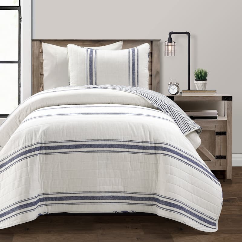 Lush Decor Farmhouse Stripe Reversible Cotton Twin-XL 2 Piece Quilt - Navy - Twin XL