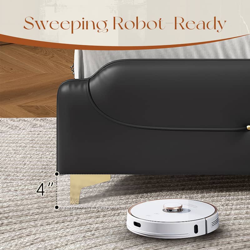 Queen/King PU Leather Upholstered Platform Bed with Wingback Headboard & Footboard, Gold Metal Accents and Wooden Slats