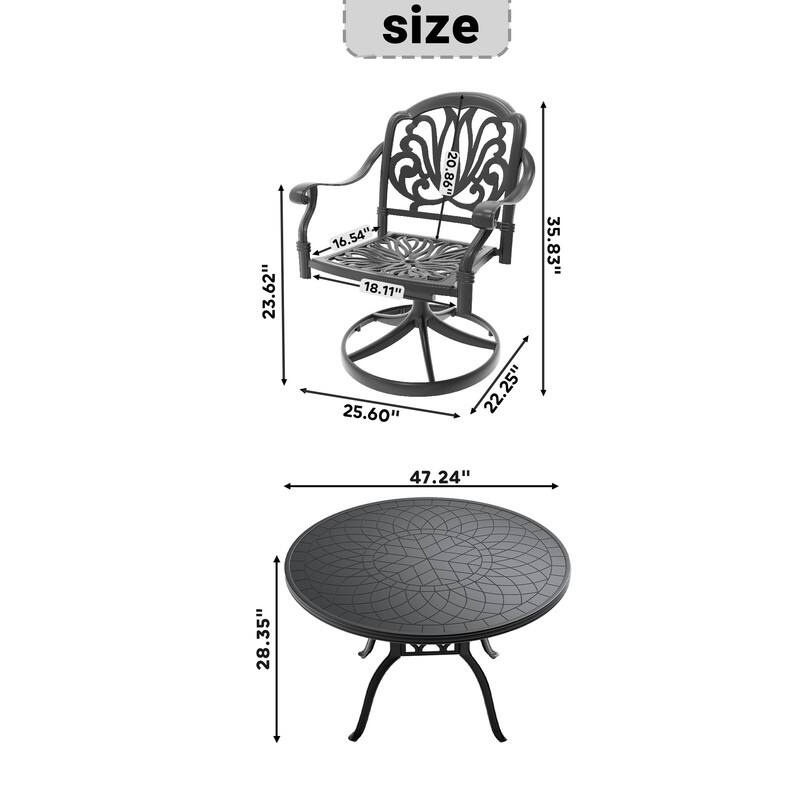 5-Piece Aluminum Round Outdoor Patio Dining Set, 4 Cushioned Swivel Chairs, Table, All-Weather Frames