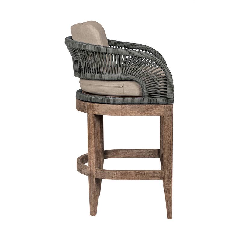 Kimi 30 Inch Outdoor Patio Barstool Chair, Olefin and Gray Woven Rope