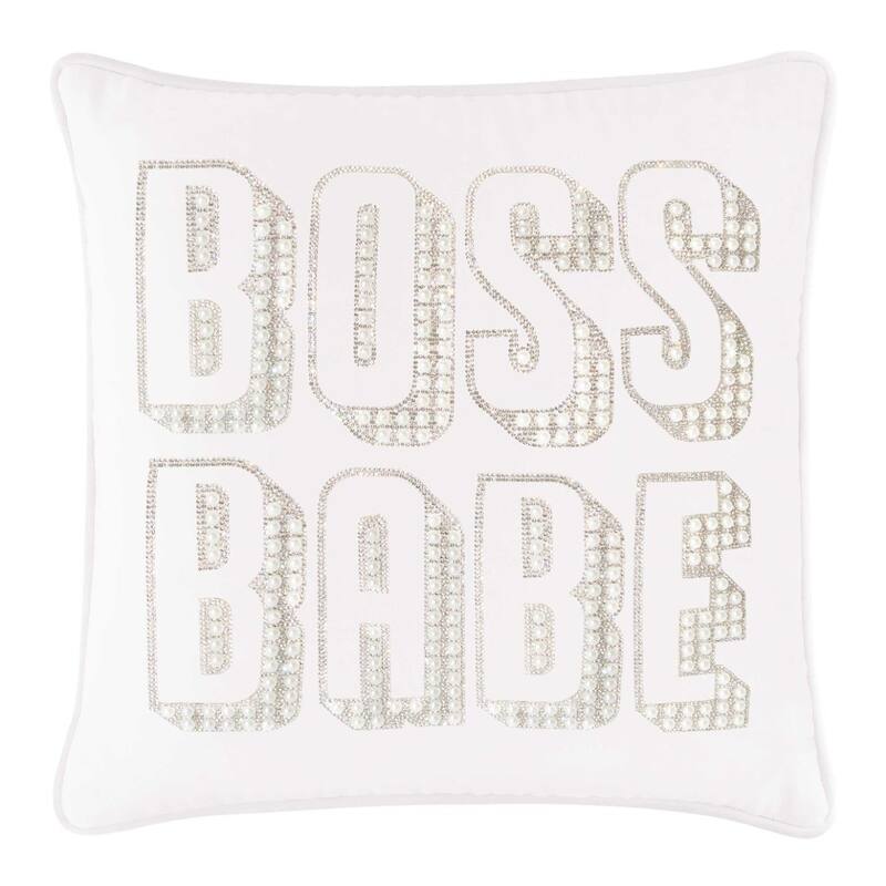 Boss Babe Pillow, Pearls and Rhinestones on Velvet, Feather Insert - White