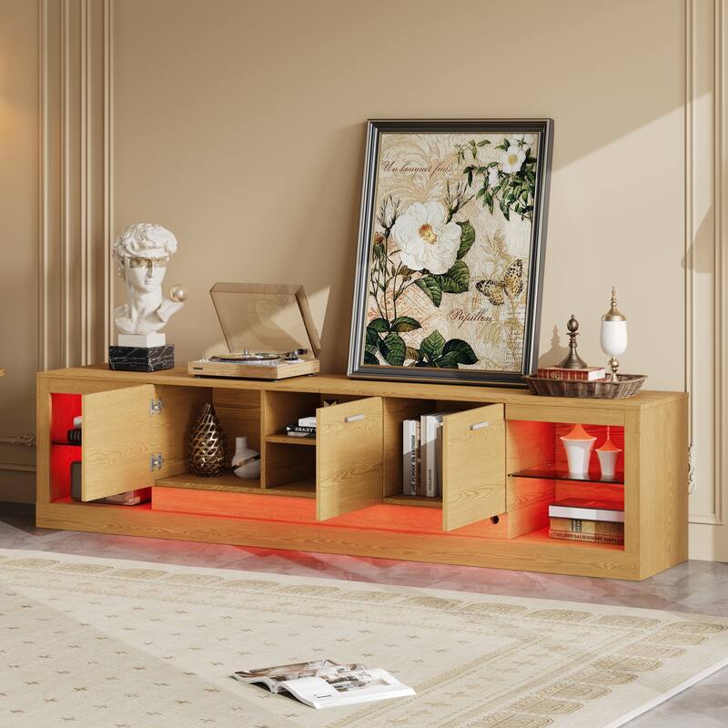 Modern LED TV Stand, for TVs up to 90'' with 6 Cabinets& 2 Open Compartments, for Living Room, Bedroom