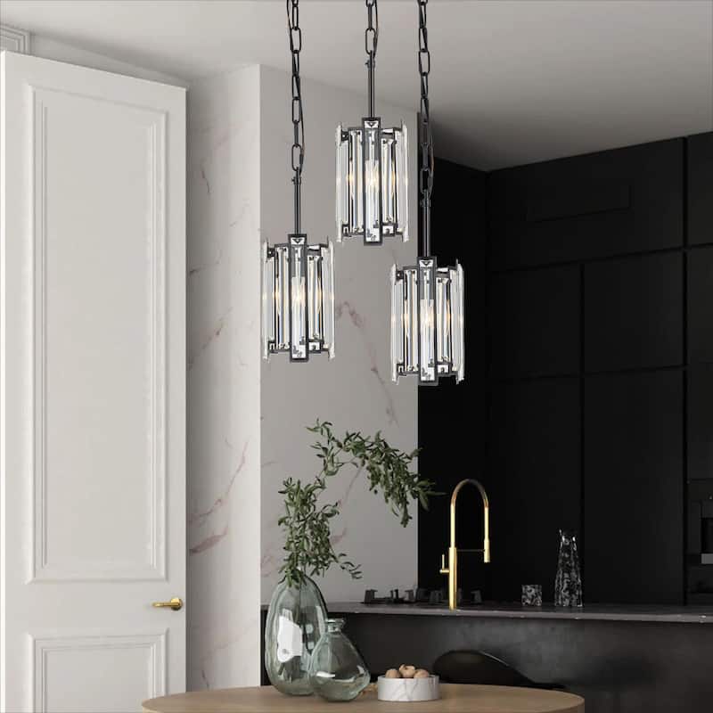 1-Light Modern Glam Black/Gold Cylinder Crystal Pendant Kitchen Island Light