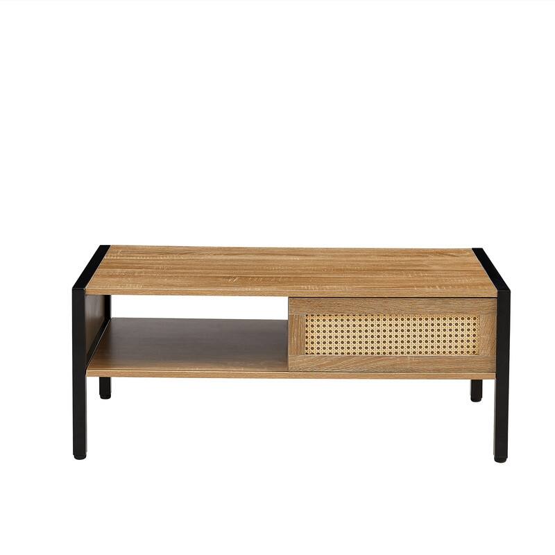 40.16" Coffee Table with Rattan Decorative Doors,Sliding door with Metal Legs,2 Colors