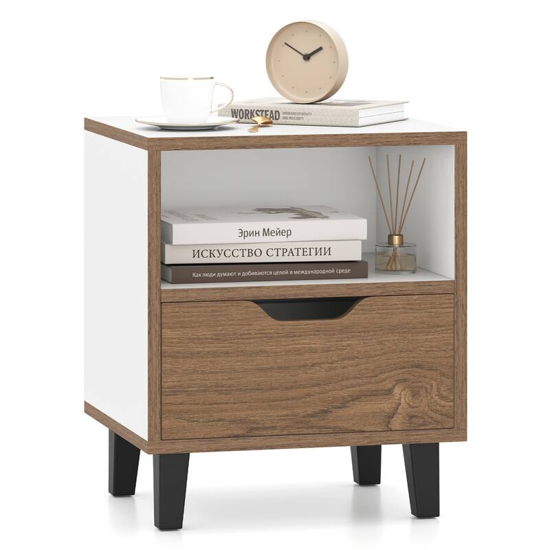 Gymax Nightstand Mid Century Modern Bedside Table w/ Drawer Open