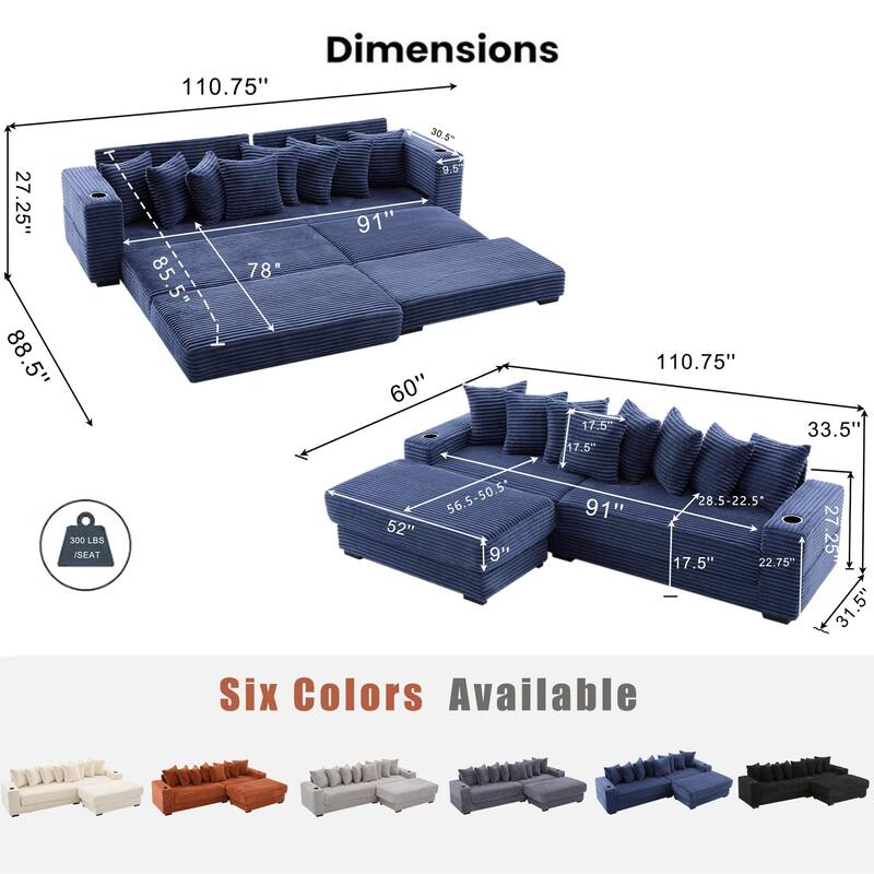 110.75" Corduroy Sectional Sofa, Convertible Sleeper Sofa Bed L-Shaped Upholstered Couch with Removable Footstool, Cup Holder