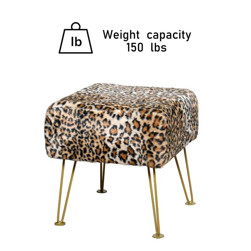 Home Soft Things Leopard Fauxfur Ottoman with Gold Metal Legs