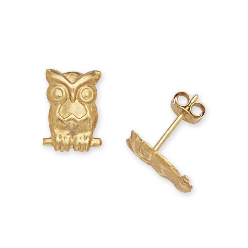 Curata Solid 14K Yellow Gold Animal Stud Earrings - Puppy Dolphin Turtle Owl Earrings for Girls - Owl