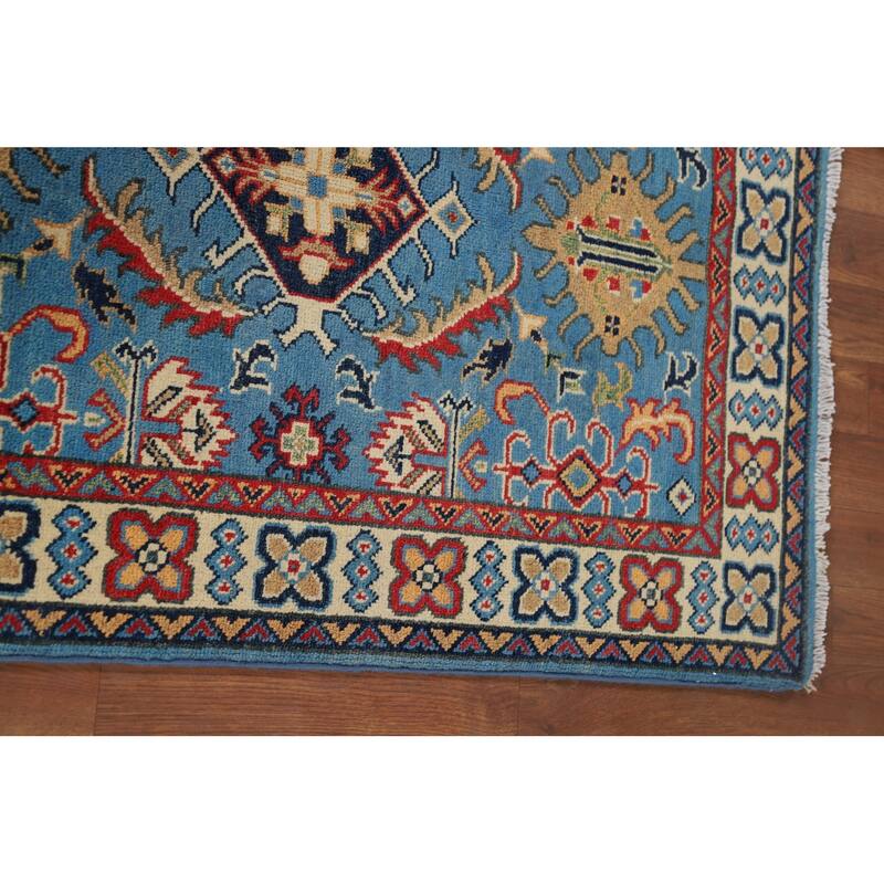Blue Geometric Kazak Foyer Rug Hand-Knotted Wool Carpet - 2'10" x 3'11"