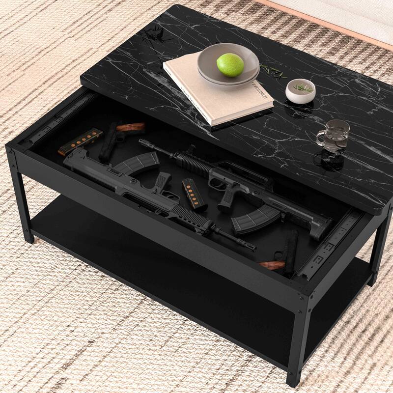 Rectangular double-layer coffee table with hidden storage compartment and fingerprint lock