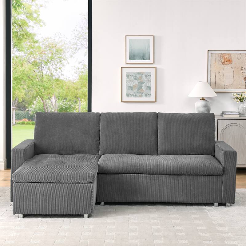 L Shaped Sofa Convertible Pull-out Sleeper Sofa Bed, Living Room Sectional Daybed with Storage Chaise, Corduroy Recliner