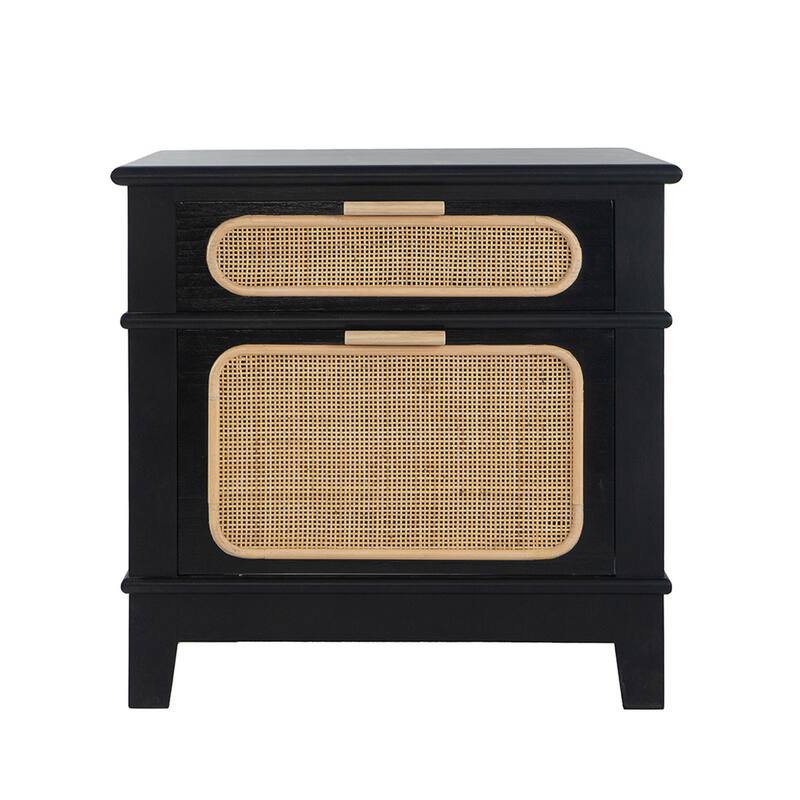 Dana 27 Inch Bedside Table, 2 Rattan Drawers, Pine Wood, Black, Brown