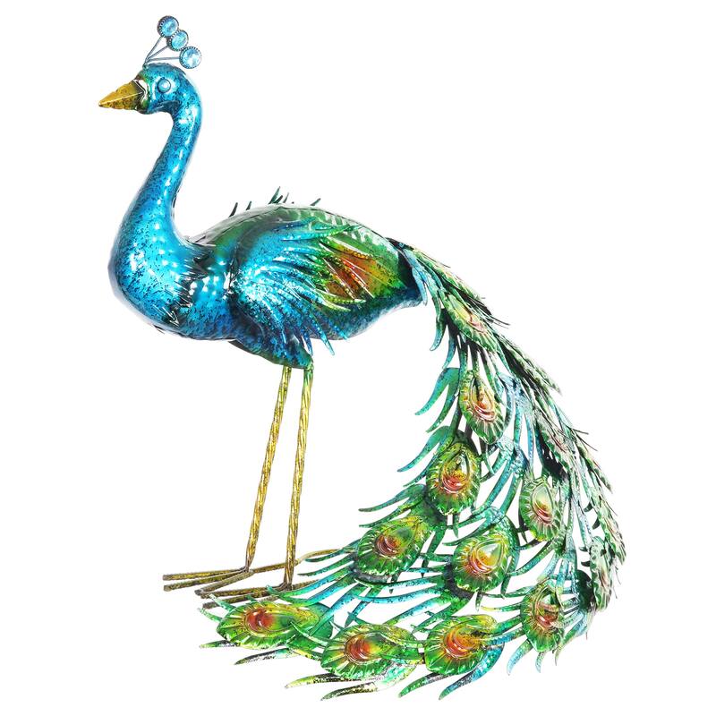 Exhart Hand Painted Majestic Metal Standing Peacock Garden Statue, 15 by 24 Inches