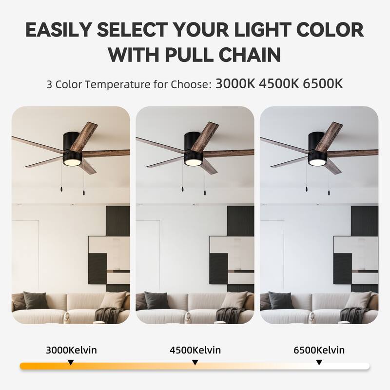 52 in. Indoor Flush Mount Ceiling Fan with 5 Blades & 18W 3CCT LED - 3 Finish Options, Pull Chain Control