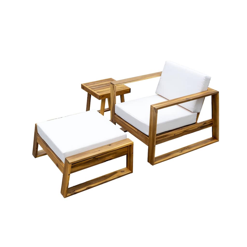 3 Piece Outdoor Acacia Wood Lounge Chair and Ottoman Set with Side Table