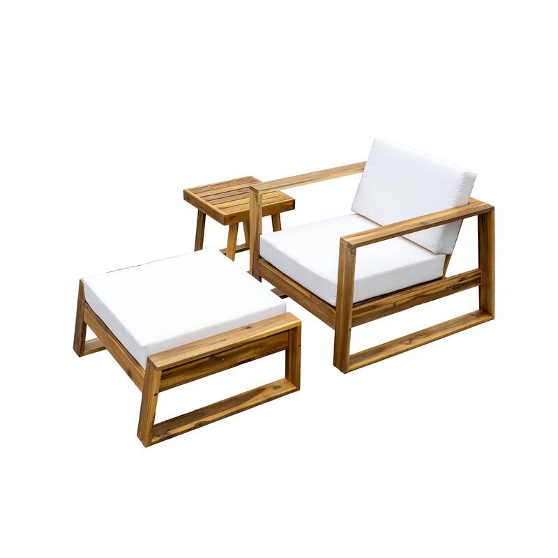 3-Piece Outdoor Acacia Wood Lounge Set with Chair, Ottoman, and Side Table