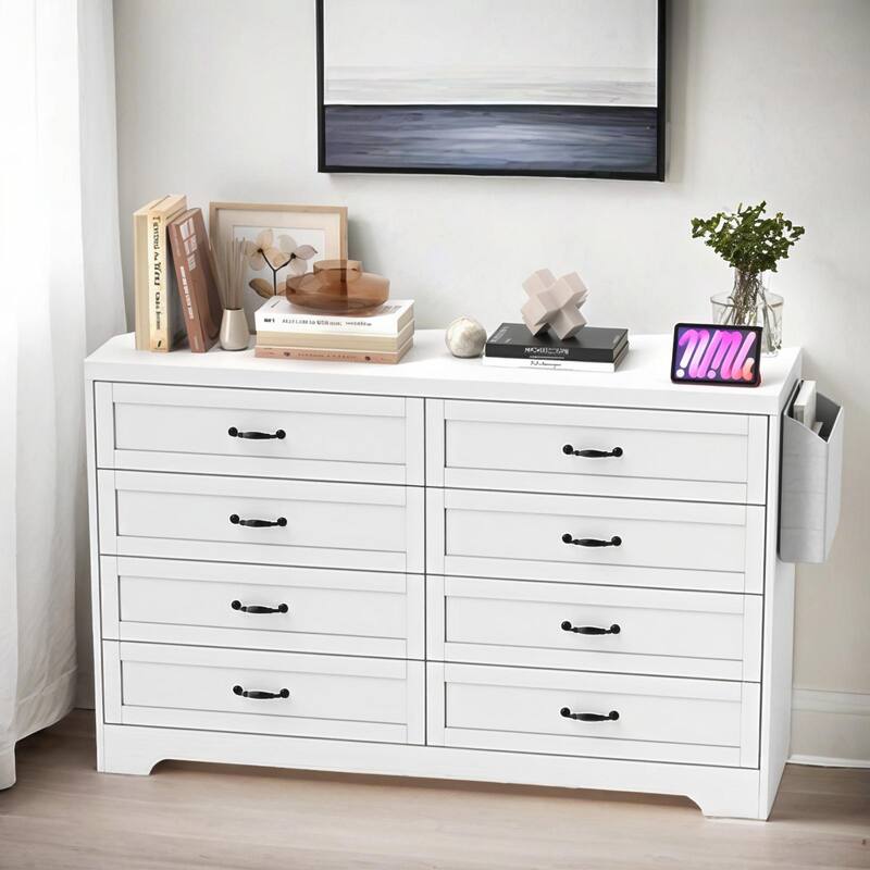 Vintage Double Dresser Chest of Drawers with Charging Station and Side Organizer Bag