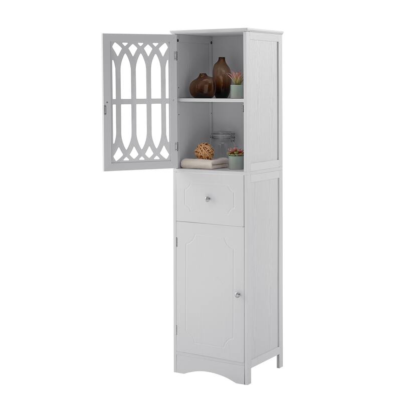 Freestanding Adjustable Storage Cabinet with Metal Knobs, Acrylic Panel Door Cabinet, Groove Pattern Drawer and Door Cabinet