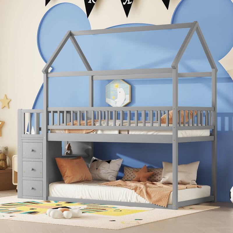 Grey Twin/Twin House Bunk Bed with Shelves, Drawers, and Roof Design