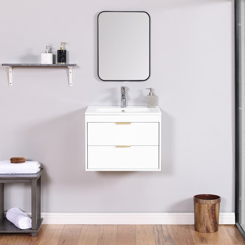 Floating Wall Mounted Bathroom Vanity with White Porcelain Sink and ...