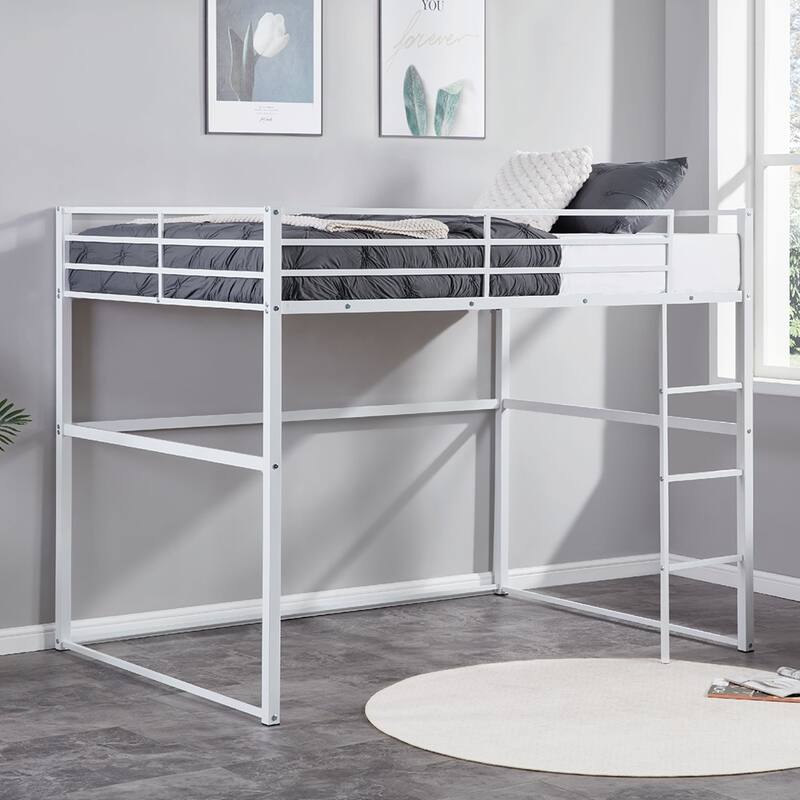 Metal Loft Bed Twin, Loft Bed Frame with Guard Rails and Flat Ladder