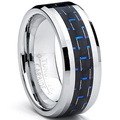 Mens Tungsten Ring Black Blue Carbon Fiber Inlay Wedding Band (8 mm)