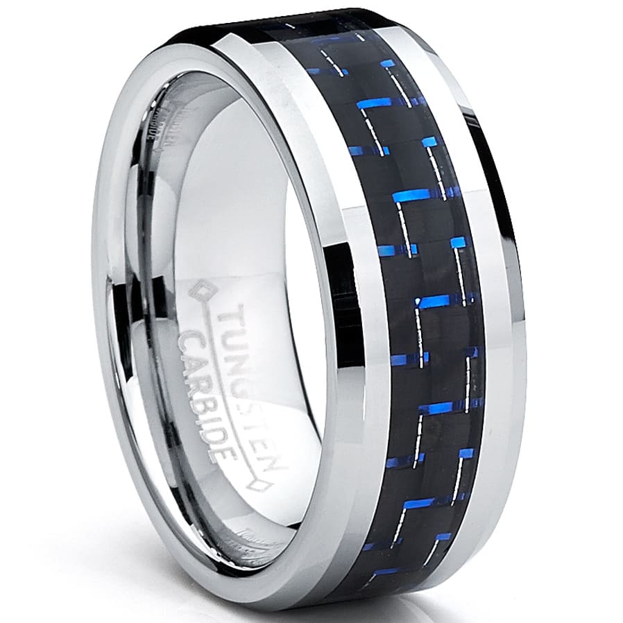 Mens Tungsten Ring Black Blue Carbon Fiber Inlay Wedding Band (8 mm)